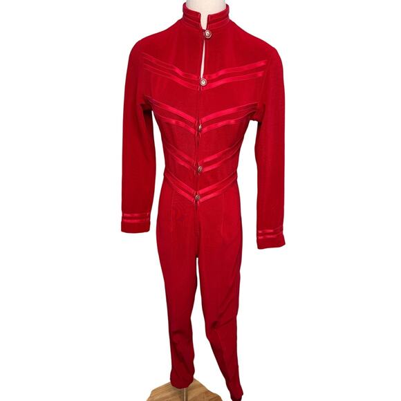 Vintage Tadashi Shoji retro future military marching band jumpsuit red size S - Picture 1 of 9